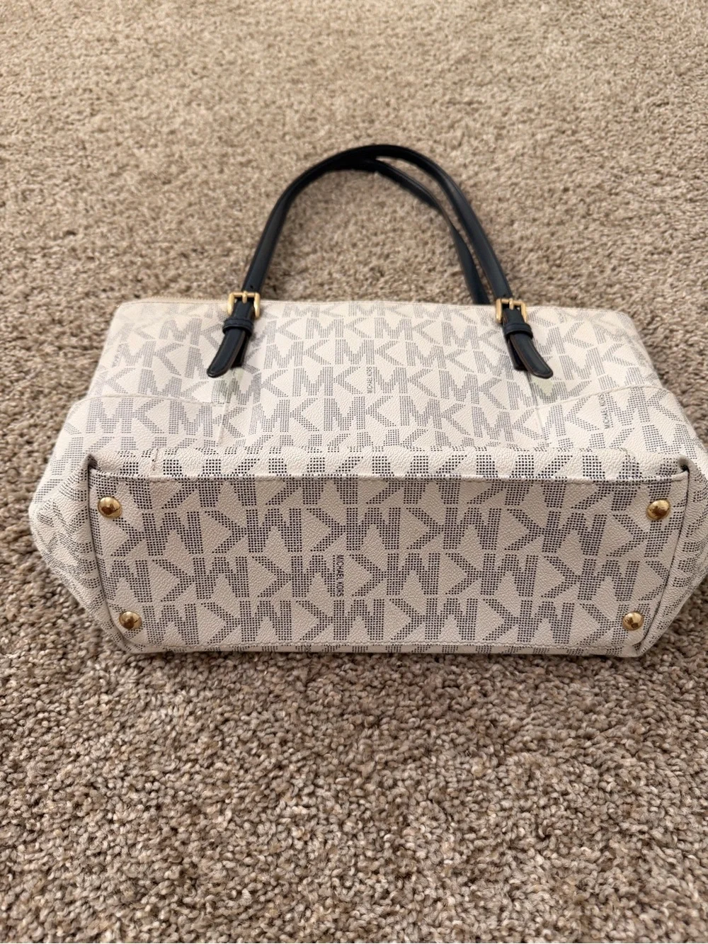 Michael Kors Beige MK Logo Tote with Black Handles and Gold Accent
